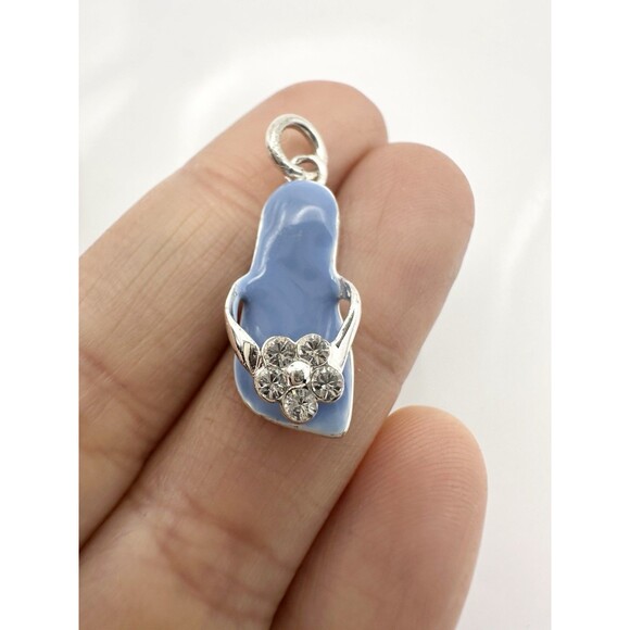 925 sterling silver flip flop charm Blue Enamel Rhinestone - Picture 2 of 5